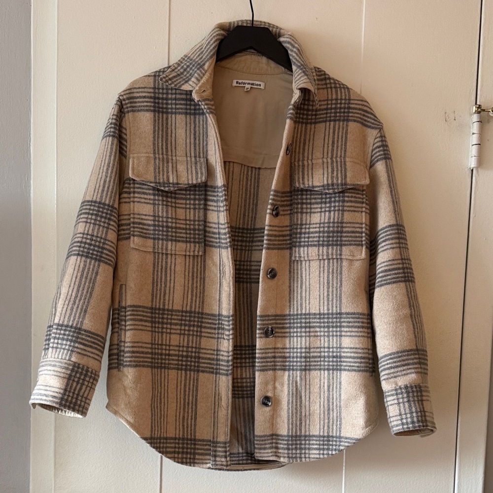 Reformation Beige and Gray Plaid Shacket Jacket - Women
